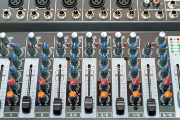 Close up of sound mixing console.