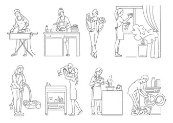 Housewife busy with housework and childcare set of outline vector illustrations.