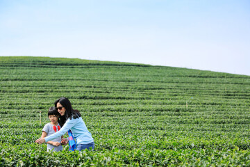 Family vacation lifestyle. Mother is with her daughter in tea plantation with hill and blue sky background. Wide angle shot.