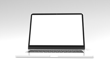 Laptop in front position with blank screen isolated on grey background.  Laptop mockup template. 3D...