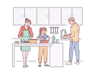 Family routine and daily domestic chores sketch vector illustration isolated.