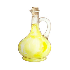 Hand drawn watercolor illustration of olive yellow oil