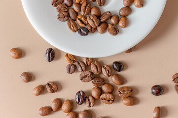 Roasted coffee beans and cup with copyspace. Roasted coffee beans of the morning mood.