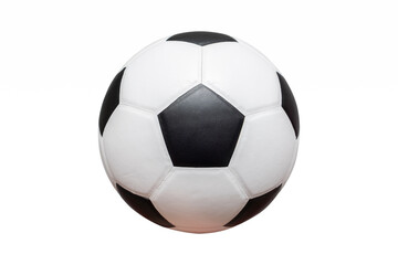 Fototapeta premium Classic leather soccer ball isolated on white background. Traditional black and white football equipment to play a competitive game. This photo can be used for sport concept with cut out.