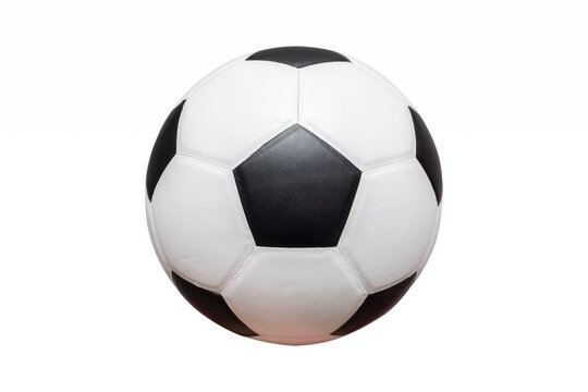 Classic leather soccer ball isolated on white background. Traditional black and white football equipment to play a competitive game. This photo can be used for sport concept with cut out.