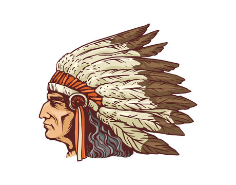 Indian chief portrait in feather headdress, sketch vector illustration isolated.