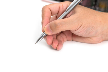 Holding a pen on white background