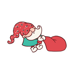 Dwarf or gnome with sack of gifts, sketch cartoon vector illustration isolated.