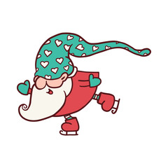 Skating gnome or old dwarf cartoon character flat vector illustration isolated.