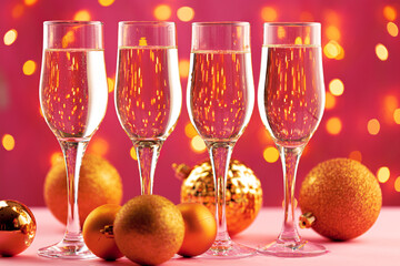 Four champagne glasses against pink background with blurred garland