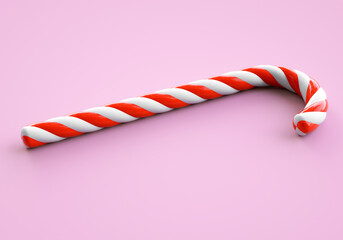 Classic red and white christmas candy cane lies on a pink background. 3D rendering and 3D illustration.
