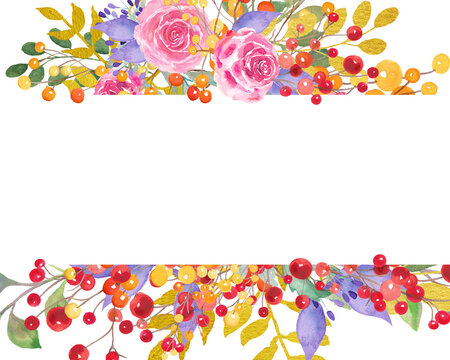 Flower watercolor background with floral border and black center for wedding invitations or party signs, colorful roses flowers berries and greenery illustration