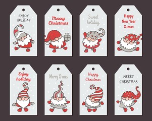 Greeting Christmas tags or badges set with cartoon gnome vector illustration.