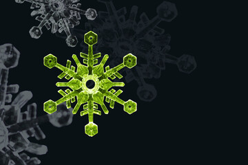 The snowflakes in yellow, blue, turquoise, and green color, align randomly in the dark background.
