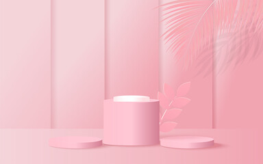 Minimal scene with geometrical forms. cylinder podiums in pink background with leaves. scene to show cosmetic product, showcase. 3d illustration
