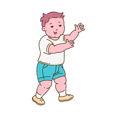 Little boy beginning to walk by himself, sketch vector illustration isolated.