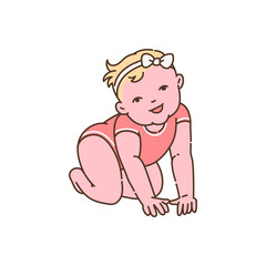 Little child girl begins to crawl, sketch cartoon vector illustration isolated.