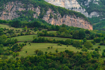 Fototapeta na wymiar Big beautiful green rocky mountains with a dense forest