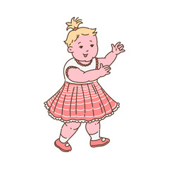 Child girl beginning to walk at first year, sketch vector illustration isolated.