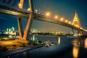 The beautiful view of Bhumibol Bridge during the night time in Bangkok at Thailand, known as the Industrial Ring Road Bridge over the Chao Phraya River. Thai skyline