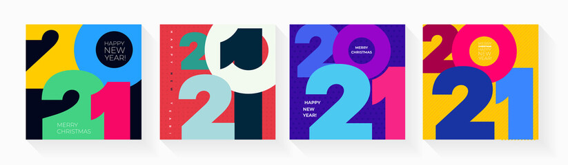 Set of creative concept Happy New Year of 2021 posters. Design templates with typography logo for celebration and season decoration. Vector illustration minimalistic trendy for branding, banner, cover