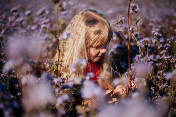 happy child, blond girl runs and jumps in violet flower field. Reconnection with nature. Childhood, lifestyle. 