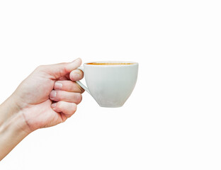 Hot coffee cup in hand isolated on white background.