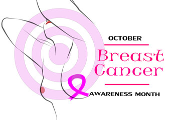 outilne drawing of young woman with text awareness month of breast cancer , Pink Ribbon symbol.