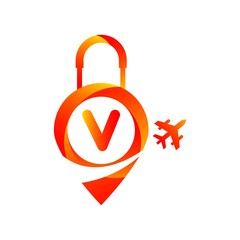Letter v Air Travel Logo Design Template.Travel time.Vector illustration.Flight plane. Vector illustration.