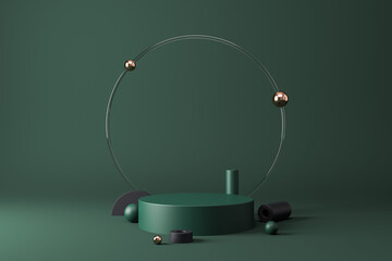 Green podium with glass ring and simple geometric shapes made for product cosmetic presentation.