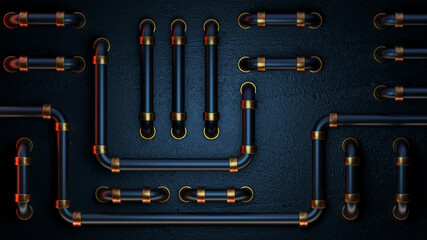 Abstract metallic background. 3d render of a metal panel with tubes. Wallpaper image for PC or mobile devices.