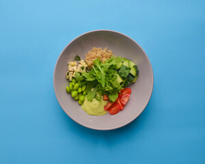 Veggies salad. Delicious healthy vegetable salad with cheese. Healthy eating concept, tasty dinner.