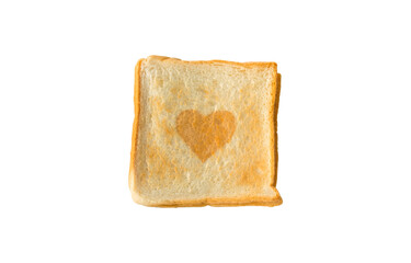 Heart shape on slice toast bread isolated on white background. Top view of baked bun.