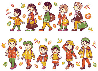 秋の紅葉狩り旅行 アウトドアレジャー 三世代家族 アイコンイラストと吹き出し セット Wall Mural Keiko Kusuhara