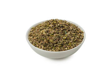 Oregano in a bowl isolated.