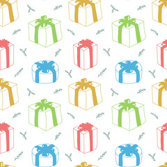Christmas gifts. Vector sketch. Seamless pattern. Holiday presents.  Tree branch