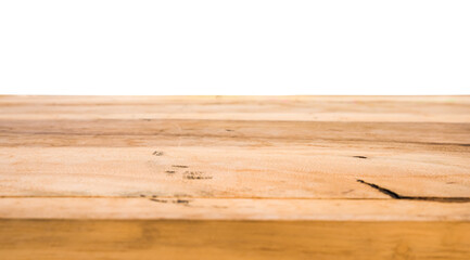 Wood table top isolated on white background. Brown wooden desk empty counter. Copy space for text and ideal for product placement. Above view, Top-down, Overhead with cut out