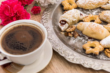fresh tasty homemade buns with cup of coffee