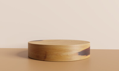 Wooden product display podium on brown background. 3D render