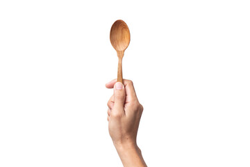 man hand holding a wooden spoon isolated on a white background