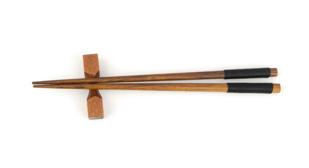 Wooden chopsticks with holder isolated on white background, Japanese style