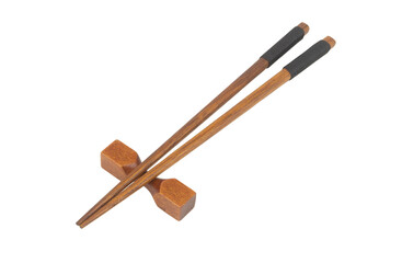 Wooden chopsticks with holder isolated on white background, Japanese style