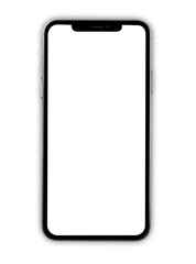 Closeup modern digital black Smartphone mobile mock up blank front screen isolated on white...