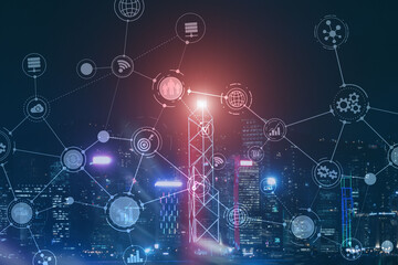 Smart City and Wireless Communication Network. Business District with office building. IOT modern technology concept.