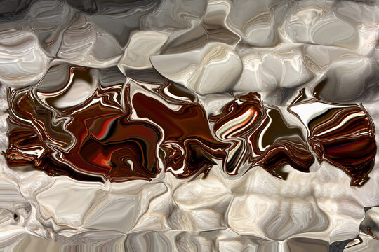 Fondo de textura de mármol abstracto. Patrón de metal fundido formando ondas en gris, beige y blanco. Letras marrones abstractas licuadas en el centro. Ilustración abstracta de pasteles y cremas.