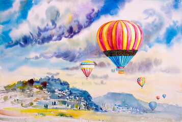 Watercolor landscape painting colorful of tourism family in balloon.