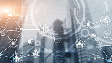 Industry business virtual diagram on city background.