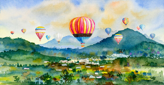 Watercolor landscape painting colorful of ballooning on village, mountain
