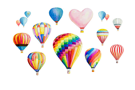 Watercolor painting isolated colorful hot air balloon on white background.