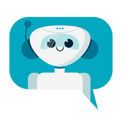Smiling cute robot chat bot in speech bubble. Support service concept. Vector cartoon flat illustration isolated on white background.